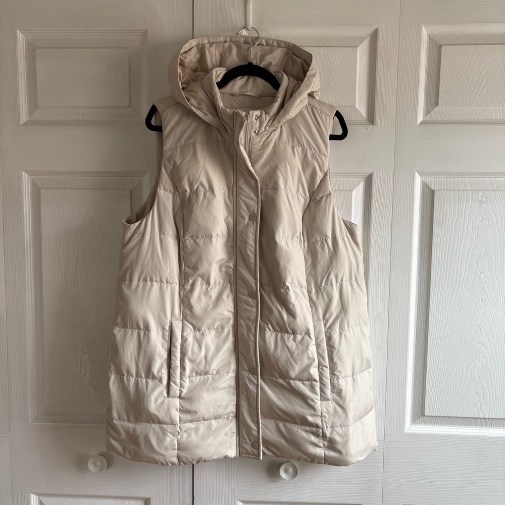 J Jill Down Full‎ Zip Snap Quilted Puffer Vest Gorpcore Large Beige Hooded